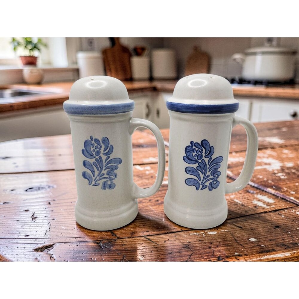 Vintage Platzgraff Yorktowne Stoneware Spice Shakers With Blue Floral Design